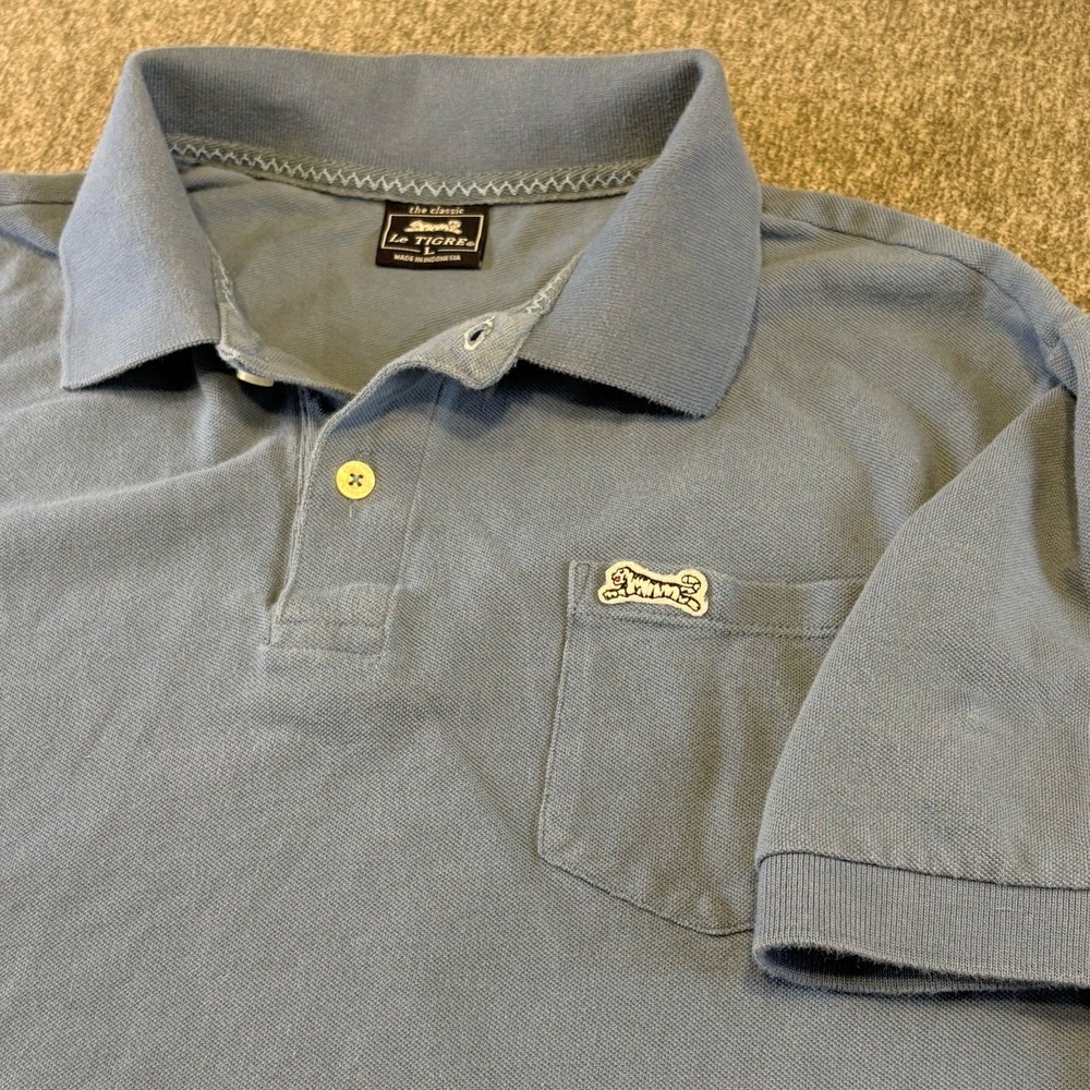 Vintage Le Tigre Polo‎ Shirt L Blue Tiger Button Golf Casual Men